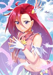 Rule 34 | 1girl, absurdres, blue eyes, blush, clothing cutout, crop top, cure flamingo, curecycadura, earrings, fingerless gloves, gloves, grin, hair between eyes, heart cutout, highres, jewelry, leaning forward, long hair, midriff, navel, pink sailor collar, precure, red hair, sailor collar, sleeveless, smile, solo, standing, stomach, tropical-rouge! precure, very long hair, white gloves