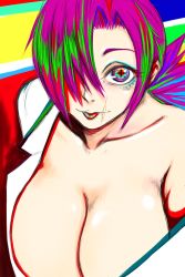 Rule 34 | 1girl, absurdres, breasts, cleavage, collarbone, hair over one eye, highres, large breasts, multicolored clothes, multicolored eyes, off shoulder, pharaoh13, ponytail, scar, skullgirls, smile, solo, upper body, valentine (skullgirls)