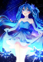 Rule 34 | 1girl, :d, ahoge, aryuma772, bare shoulders, blue dress, blue eyes, blue hair, blush, braid, collarbone, dress, elbow gloves, flat chest, floating hair, gloves, grey gloves, hair between eyes, hatsune miku, highres, long hair, night, open mouth, outdoors, skirt hold, sky, smile, solo, star (sky), starry sky, strapless, strapless dress, very long hair, vocaloid