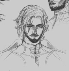 Rule 34 | 1boy, aiulenn, beard, cropped torso, facial hair, full beard, highres, looking at viewer, male focus, mature male, multicolored hair, mustache, scar, scar across eye, short hair, simple background, sketch, solo, streaked hair, thick eyebrows, wuthering waves, yhan (wuthering waves)