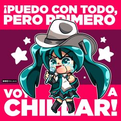 Rule 34 | 1girl, artist name, blue eyes, blue hair, chibi, crying, female focus, full body, hat, hatsune miku, highres, holding, holding microphone, lolo aburto, microphone, skirt, solo, spanish text, standing, tears, twintails