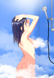 Rule 34 | 1girl, 2bls, absurdres, artist name, ass, bare back, bare hips, bath, blue eyes, blue hair, blurry, blurry background, blush, body blush, breasts, closed mouth, convenient censoring, cowboy shot, dark blue hair, dimples of venus, hands on own head, highres, kanojo mo kanojo, large breasts, looking at viewer, minase nagisa, nude, shoulder blades, shower head, smile, solo, solo focus, steam, steam censor, watermark, wet, wet hair
