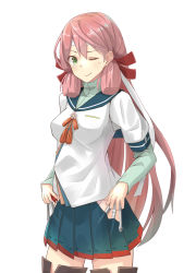 Rule 34 | 1girl, ;), akashi (kancolle), commentary request, green eyes, hachimaki, hair ribbon, headband, highres, hip vent, holding, kantai collection, looking at viewer, negahami, one eye closed, pink hair, pleated skirt, remodel (kantai collection), ribbon, school uniform, screwdriver, serafuku, skirt, smile, solo, thighhighs, tress ribbon, zettai ryouiki