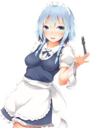 Rule 34 | 1girl, :d, apron, between fingers, blue eyes, blue hair, blue ribbon, blush, bow, braid, breasts, commentary request, cowboy shot, dress, frilled apron, frills, green bow, hair bow, highres, holding, holding clothes, holding knife, holding panties, holding underwear, holding weapon, izayoi sakuya, knife, knives between fingers, looking at viewer, maid, maid apron, maid headdress, medium breasts, neck ribbon, open mouth, panties, petticoat, puffy short sleeves, puffy sleeves, ribbon, shirt, short dress, short hair, short sleeves, simple background, smile, solo, standing, tatsumiya kagari, thighhighs, touhou, twin braids, underwear, waist apron, weapon, white apron, white background, white panties, white shirt, white thighhighs, zettai ryouiki
