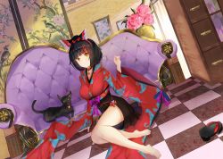 Rule 34 | 1girl, absurdres, animal ears, barefoot, bell, black cat, bob cut, bookshelf, bow, cat, cat ears, character request, chest of drawers, collar, couch, dutch angle, fake animal ears, flower, folding screen, full body, hair bow, hairband, hand up, highres, indoors, japanese clothes, kimono, lolita fashion, nanoda002 (saber427), neck bell, orange eyes, red bow, red collar, red kimono, sandals, unworn sandals, short hair, sitting, tile floor, tiles, vase, wa lolita, wide sleeves