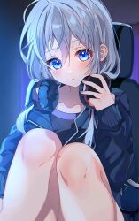 Rule 34 | 1girl, absurdres, blue eyes, blush, commentary, grey hair, hand on headphones, headphones, headphones around neck, highres, jacket, knees to chest, long hair, looking at viewer, open clothes, open jacket, project sekai, rojineco nene, signature, solo, yoisaki kanade