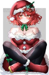 Rule 34 | 1girl, absurdres, annoyed, bare shoulders, blush, breasts, cameltoe, cleavage, dress, earrings, hat, highres, jewelry, large breasts, legs, looking at viewer, nintendo, pantyhose, pyra (xenoblade), red hair, santa dress, santa hat, shiny skin, sitting, solo, upskirt, xenoblade chronicles (series), xenoblade chronicles 2, yellow eyes