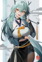 Rule 34 | 1girl, absurdres, aqua hair, belt, black belt, black choker, black shorts, breasts, chinese clothes, choker, chungla, commentary, cowboy shot, cropped shirt, dragon horns, earrings, hair between eyes, highres, holding, holding smoking pipe, horns, index finger raised, jewelry, large breasts, long hair, long sleeves, looking at viewer, midriff, open mouth, orange eyes, original, pantyhose, shirt, shorts, smile, smoking pipe, solo, teeth, upper teeth only, very long hair, white shirt