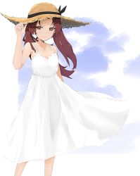 Rule 34 | 1girl, adjusting clothes, adjusting headwear, black ribbon, blue sky, border, brown eyes, brown hair, brown hat, casual, closed mouth, cloud, cloudy sky, commentary, day, dress, girls und panzer, hat, hat ribbon, highres, kadotani anzu, long hair, looking at viewer, medium dress, ngc20701, outdoors, ribbon, sky, smile, solo, spaghetti strap, standing, straw hat, sun hat, sundress, twintails, white border, white dress, wind