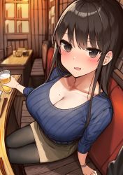 Rule 34 | 1girl, alcohol, arm support, beer, black pantyhose, blue sweater, blunt bangs, blurry, blurry background, blush, booth seating, bra, bra visible through clothes, bralines, breasts, brown eyes, brown hair, chopsticks, cleavage, collarbone, cup, curvy, evening, fang, fisheye, foreshortening, from above, glass, hair between eyes, highres, holding, holding cup, large breasts, legs together, long hair, long sleeves, looking at viewer, miniskirt, mole, mole on breast, open mouth, original, pantyhose, pencil skirt, perspective, pov, restaurant, ribbed sweater, scoop neck, shirokuma 1231, sitting, skin fang, skirt, solo focus, sweater, table, tan skirt, thighs, tsurime, underwear, upturned eyes, wooden floor, wristband