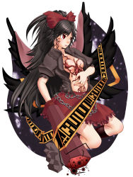 Rule 34 | 1girl, alternate costume, arm cannon, black hair, breasts, caution tape, chain, female focus, kurone, long hair, open clothes, open shirt, red eyes, reiuji utsuho, ribbon, shirt, skirt, solo, touhou, weapon, white background, wings