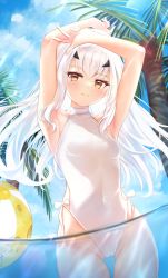 Rule 34 | 1girl, absurdres, armpits, arms up, ball, bare shoulders, beachball, blush, breasts, brown eyes, covered navel, melusine (fate), fate/grand order, fate (series), forked eyebrows, highleg, highleg swimsuit, highres, jiang xin, light rays, long hair, looking at viewer, ocean, one-piece swimsuit, palm tree, sidelocks, small breasts, smile, solo, swimsuit, thighs, tree, wading, white hair, white one-piece swimsuit