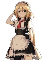 Rule 34 | 1girl, apron, arm behind back, arm up, black skirt, black vest, blonde hair, blouse, blue eyes, blush, braid, braided bangs, braided ponytail, bridal garter, closed mouth, commentary request, corset, cowboy shot, female focus, frilled apron, frilled skirt, frills, g36 (girls&#039; frontline), girls&#039; frontline, gloves, hand in own hair, highres, korean commentary, long hair, looking at viewer, maid, maid headdress, necktie, open clothes, open vest, pellas (panix2383), pouch, puffy short sleeves, puffy sleeves, red necktie, shirt, short sleeves, simple background, single braid, skirt, solo, standing, very long hair, vest, waist apron, white apron, white background, white gloves, white shirt