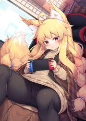 Rule 34 | 1girl, animal ear fluff, animal ears, black pantyhose, blush, braid, brown coat, brown sweater, cameltoe, chair, coat, commentary request, earbuds, earphones, feet out of frame, fox ears, fox girl, fox tail, gaming chair, handheld game console, holding, holding handheld game console, long hair, long sleeves, nintendo switch, original, panties, panties under pantyhose, pantyhose, parted lips, plaid, plaid coat, red eyes, roshin, sitting, solo, sweater, swivel chair, tail, twin braids, underwear