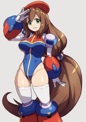 Rule 34 | 1girl, android, beret, blue leotard, breasts, brown hair, chiwino, commentary, gloves, green eyes, groin, hat, highres, iris (mega man), joints, large breasts, leotard, long hair, looking at viewer, low-tied long hair, medium breasts, mega man (series), mega man x4, mega man x (series), open mouth, ponytail, red hat, robot joints, simple background, smile, solo, symbol-only commentary, very long hair, white background, white gloves