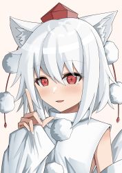 Rule 34 | 1girl, :d, absurdres, animal ear fluff, animal ears, bare shoulders, highres, inubashiri momiji, open mouth, pom pom (clothes), ramiki, red eyes, shirt, short hair, smile, solo, touhou, upper body, white background, white hair, white shirt, white sleeves, wolf ears, wolf girl