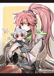 Rule 34 | 1boy, 1girl, absurdres, arche klein, bad id, bad pixiv id, blue hair, bug, butterfly, carrying, child, falken barklight, flower, highres, bug, long hair, mother and son, pink hair, ponytail, purple eyes, red eyes, tales of (series), tales of phantasia, tubakurou, wide ponytail