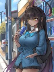Rule 34 | 1girl, absurdres, ahoge, bag, black hair, black skirt, blue archive, blue bow, blue bowtie, blue cardigan, blush, bow, bowtie, breasts, buttons, can, cardigan, collared shirt, commentary, dark-skinned female, dark skin, day, english commentary, eyelashes, halo, hand in pocket, highres, holding, holding can, jiyuneva, karin (blue archive), large breasts, long hair, outdoors, parted lips, pleated skirt, purple halo, school bag, shirt, skirt, solo, traditional bowtie, very long hair, white shirt, yellow eyes