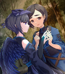 Rule 34 | 2girls, black hair, black wings, blue eyes, clenched hand, feathered wings, forest, hair ornament, hairclip, highres, idolmaster, idolmaster cinderella girls, interlocked fingers, japanese clothes, long sleeves, mask, mask on head, matsuo chizuru, multiple girls, nature, outdoors, purple eyes, shirayuki chiyo, sonakao, wings