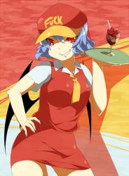 Rule 34 | 1girl, alternate costume, bad id, bad pixiv id, bat wings, blue hair, clothes writing, contemporary, eiri (eirri), english text, evil grin, evil smile, female focus, food, fruit, glass, grin, hat, ice cream, profanity, remilia scarlet, shaded face, short hair, short sleeves, smile, solo, spoon, strawberry, sundae, touhou, tray, wings