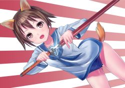 Rule 34 | 1girl, animal ears, brown hair, collarbone, highres, looking at viewer, miyafuji yoshika, nanjyolno, open mouth, red eyes, rising sun flag, school swimsuit, sheath, solo, strike witches, sunburst, swimsuit, swimsuit under clothes, sword, tail, unsheathing, weapon, world witches series