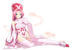 Rule 34 | 00tea, 1girl, arm support, bare shoulders, blush, breasts, elbow gloves, facial mark, forehead mark, gloves, green eyes, hat, highleg, highleg leotard, houshin engi, leotard, long hair, looking at viewer, medium breasts, open mouth, pink hair, shawl, simple background, smile, so dakki, solo, thighhighs, very long hair, white background, white thighhighs