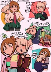 Rule 34 | 2girls, ananayellow, animal, arm hug, artist name, banknote, blonde hair, blunt bangs, blush, boku no hero academia, brown eyes, brown hair, charm (object), closed eyes, closed mouth, collared shirt, commentary, double bun, earrings, english commentary, english text, fang, fang out, frog, green skirt, hair bun, hands on own hips, heart, highres, holding, holding animal, holding clothes, holding scissors, holding skirt, hug, jewelry, long sleeves, looking at another, money, multicolored shirt, multiple girls, multiple views, musical note, necktie, open mouth, pink background, pleated skirt, ponytail, red necktie, school uniform, scissors, screaming, shirt, short hair, simple background, skirt, smile, speech bubble, spoken heart, standing, toga himiko, u.a. school uniform, uraraka ochako, white shirt, yellow eyes, yuri