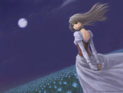 Rule 34 | 1girl, arms behind back, back, brown hair, choker, cloud, commentary, corset, dress, dutch angle, field, flower, folded hands, from behind, full moon, green eyes, jayun, long hair, looking back, moon, original, own hands clasped, own hands together, solo, white dress, wind