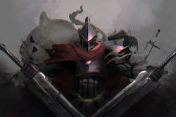 Rule 34 | absurdres, ainz ooal gown, armor, black armor, cape, hamsuke, highres, holding, holding sword, holding weapon, knight, kodai3223, looking at viewer, momon (overlord), narberal gamma, overlord (maruyama), red cape, simple background, sword, weapon