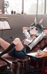 Rule 34 | 1girl, :3, alternate costume, amanun, animal ears, armillary sphere, arms behind head, arms up, black socks, blue eyes, blue shorts, blush, book, boots, unworn boots, breasts, brown footwear, cactus, chair, coffee cup, collared shirt, corset, cross-laced footwear, cup, disposable cup, doughnut, flower, food, foot out of frame, frilled sleeves, frills, goggles, goggles on head, green shorts, grey hair, hair flower, hair ornament, hairclip, highres, horse ears, horse girl, indoors, kneehighs, knees apart feet together, knees up, lace-up boots, legs, light green hair, looking at viewer, lying, medium hair, no shoes, on back, open book, plant, potted plant, puffy shorts, reclining, seiun sky (umamusume), shirt, short hair, short sleeves, shorts, signature, small breasts, socks, solo, sunflower, sunflower hair ornament, suspenders, table, teacup, thighs, umamusume, white shirt, window