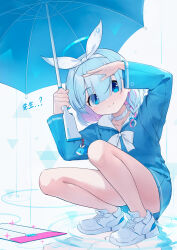 Rule 34 | 1girl, :o, alternate costume, animal print, arm up, arona (blue archive), blue archive, blue eyes, blue hair, blue halo, blue raincoat, blue umbrella, blunt bangs, blush, bow, bow hairband, braided sidelock, charm (object), choker, closed mouth, colored inner hair, envelope, eyes visible through hair, fish print, full body, hair over eyes, hairband, halo, hand up, highres, holding, holding umbrella, long sleeves, looking at viewer, mr arme, multicolored hair, pink hair, shoes, short hair, smile, sneakers, squatting, thighs, two-tone hair, umbrella, water drop, whale print, white background, white bow, white choker, white footwear, white hairband