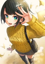 Rule 34 | 1girl, absurdres, alternate costume, aran sweater, autumn, bag, black thighhighs, blurry, blurry foreground, brown hair, cable knit, from above, ginkgo tree, green eyes, hair ornament, hairclip, handbag, highres, hololive, long hair, looking at viewer, miniskirt, nisi ki no, oozora subaru, open mouth, orange sweater, pleated skirt, short hair, skirt, solo, sweater, swept bangs, thighhighs, turtleneck, virtual youtuber, waving, zettai ryouiki