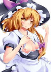 Rule 34 | 1girl, blonde hair, breasts, dress, female focus, flat chest, framed breasts, hat, kirisame marisa, long hair, mikan (bananoha), nipples, open clothes, simple background, small breasts, solo, touhou, white background, witch hat, yellow eyes