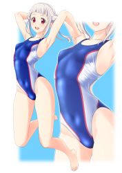 Rule 34 | 1girl, absurdres, arashi chisato, armpits, arms up, barefoot, blue one-piece swimsuit, blunt bangs, breasts, clothes writing, collarbone, commentary request, competition swimsuit, covered navel, double bun, full body, hair bun, highleg, highleg swimsuit, highres, jumping, long hair, looking at viewer, love live!, love live! superstar!!, multicolored clothes, multicolored swimsuit, one-piece swimsuit, open mouth, red eyes, round teeth, single sidelock, small breasts, smile, solo, swimsuit, takafumi, teeth, twintails, upper teeth only, white hair, zoom layer