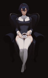 Rule 34 | 1girl, armchair, black background, black dress, black footwear, black hair, breasts, bright pupils, brown eyes, chair, commission, cup, dnaitari, double-parted bangs, dress, hair between eyes, highres, holding, holding cup, holding saucer, long sleeves, looking at viewer, medium breasts, on chair, original, parted lips, pixiv commission, saucer, shoes, short hair, simple background, sitting, smile, solo, teacup, teeth, thighhighs, white pupils, white thighhighs, white wrist cuffs, wrist cuffs