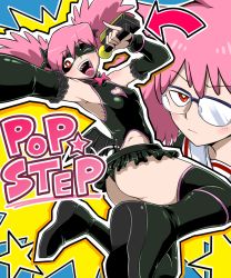 Rule 34 | 10s, 1girl, ass, back, bare shoulders, bat wings, bodysuit, boku no hero academia, boots, bow, center opening, character name, glasses, haneyama kazuho, highres, long hair, mask, microphone, nasubino, one eye closed, open mouth, pink hair, pop step, red eyes, solo, star (symbol), teeth, thighhighs, thong, tongue, twintails, vigilante -boku no hero academia: illegals-, wings