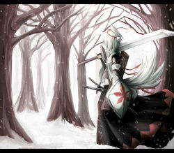 Rule 34 | 1girl, animal ears, bad id, bad pixiv id, dress, facing away, female focus, forest, hat, highres, inubashiri momiji, japanese clothes, katana, kuwachii, leaf, letterboxed, maple leaf, nature, over shoulder, ribbon, sheath, sheathed, shield, skirt, snow, sword, sword over shoulder, tail, tokin hat, touhou, unsheathed, weapon, weapon over shoulder, white hair, wolf ears, wolf tail