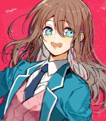 Rule 34 | 1girl, anzu (ensemble stars!), blue jacket, blush, brown hair, collared shirt, ensemble stars!, jacket, long hair, looking at viewer, open mouth, pink background, pink sweater vest, sapphire (nine), school uniform, shirt, simple background, smile, solo, sweater vest, white shirt, wing collar, yumenosaki school uniform