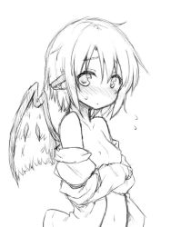 Rule 34 | 1girl, animal ears, bare shoulders, blush, breasts, clothes down, flying sweatdrops, greyscale, hair between eyes, looking at viewer, monochrome, mystia lorelei, natsu no koucha, navel, nipples, nose blush, short hair, simple background, small breasts, solo, sweat, touhou, upper body, white background, wings