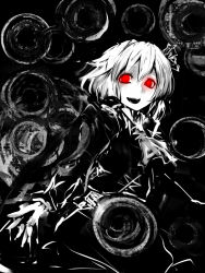 Rule 34 | 1girl, alternate costume, ascot, female focus, glowing, glowing eyes, greyscale, hair ribbon, long sleeves, monochrome, open mouth, red eyes, ribbon, rumia, short hair, solo, soubi, touhou