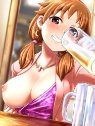 Rule 34 | 1girl, alcohol, beer, beer mug, blazer, blurry, blurry background, blush, breasts, cleavage, clothes pull, cup, dress pull, drinking, earrings, flashing, idolmaster, idolmaster cinderella girls, jacket, jewelry, katagiri sanae, kobamiso (kobalt), large breasts, looking at viewer, mug, necklace, nipples, no bra, one breast out, oppai challenge, orange hair, pulling own clothes, red eyes, self expoure, short hair, sitting, smile, solo, teeth, twintails, upper body