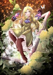 Rule 34 | 1girl, :d, absurdres, black pantyhose, blue eyes, bug, butterfly, dress, flower, green dress, green flower, highres, holding, holding knife, ib (kouri), insect, knife, long hair, looking to the side, mary (ib), open mouth, pantyhose, picture frame, plant, samip, smile
