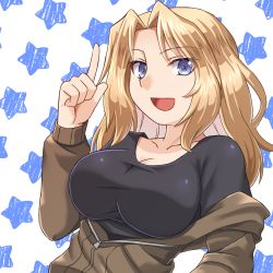 Rule 34 | 1girl, beni (bluebluesky), black shirt, blonde hair, blouse, blue eyes, breasts, brown jacket, commentary, girls und panzer, hair intakes, highres, jacket, kay (girls und panzer), large breasts, long hair, long sleeves, looking at viewer, military, military uniform, off shoulder, open mouth, partially unzipped, pointing, pointing up, saunders military uniform, shirt, smile, solo, star (symbol), starry background, uniform, upper body, white background