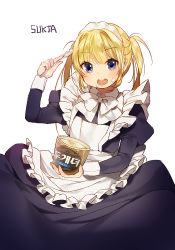 Rule 34 | 1girl, apron, artist name, black dress, blonde hair, blue eyes, blush, dress, food, food on face, frills, ice cream, long hair, looking at viewer, maid, maid apron, maid headdress, open mouth, original, puffy sleeves, simple background, smile, solo, spoon, sukja, twintails, white background