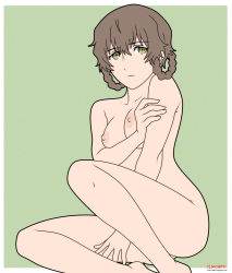 Rule 34 | 1girl, amane suzuha, bare hips, bare legs, bare shoulders, between legs, braid, breast hold, breasts, brown hair, eldocrates, hand between legs, highres, holding own arm, looking to the side, nipples, nude, outline, resolution mismatch, shoulder blades, simple background, solo, source larger, steins;gate, thighs, yellow eyes