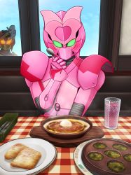 Rule 34 | 2girls, absurdres, animification, blush, commentary request, crossover, cup, drink, drinking glass, food, hetareman, highres, holding, holding spoon, indoors, kamen rider, kamen rider sabela, kamen rider saber (series), kikai sentai zenkaiger, looking at viewer, magine, meal, multiple girls, peeking out, plate, restaurant, saizeriya, shindai reika, sitting, spoon, super sentai