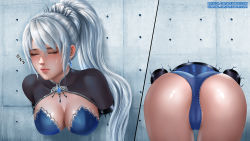 Rule 34 | 1girl, alexander dinh, ass, breasts, cameltoe, cleavage, closed eyes, earrings, jewelry, large breasts, long hair, panties, ponytail, rwby, shiny clothes, shiny skin, silver hair, sleeping, solo, stuck, through wall, underwear, wall, weiss schnee, zzz