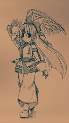 Rule 34 | 1girl, ainu clothes, breasts, fingerless gloves, gloves, hair ribbon, highres, legs, long hair, looking at viewer, mamahaha, monochrome, nakoruru, pants, ribbon, samurai spirits, sketch, small breasts, snk, the king of fighters, thighs, traditional media, weapon