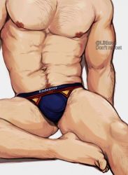 Rule 34 | 1boy, arm support, bara, bare legs, barefoot, blue male underwear, boku no hero academia, bulge, character name, chest hair, endeavor (boku no hero academia), grey background, highres, keva (liltkeva), leg hair, male focus, male underwear, muscular, muscular male, navel, nipples, pectorals, red hair, red male underwear, shiny skin, simple background, thighs, topless male, underwear