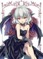 Rule 34 | 1girl, alternate costume, bare shoulders, bat wings, black dress, blue hair, dress, gloves, highres, invisible chair, looking at viewer, monety, no headwear, open mouth, pointy ears, red eyes, remilia scarlet, short hair, sitting, smile, solo, strapless, strapless dress, touhou, wings